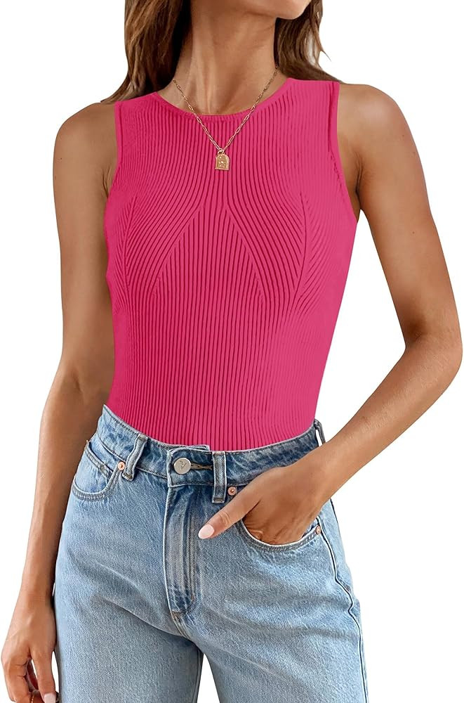 ZESICA Womens 2025 Ribbed Tank Tops Summer Sleeveless High Neck Casual Slim Fitted Basic Knit Shi... | Amazon (US)
