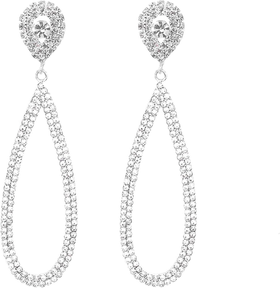 Bling Rhinestone Earrings for Women,Sparkly Silver Teardrop Dangling Earrings Trendy Large Chande... | Amazon (US)