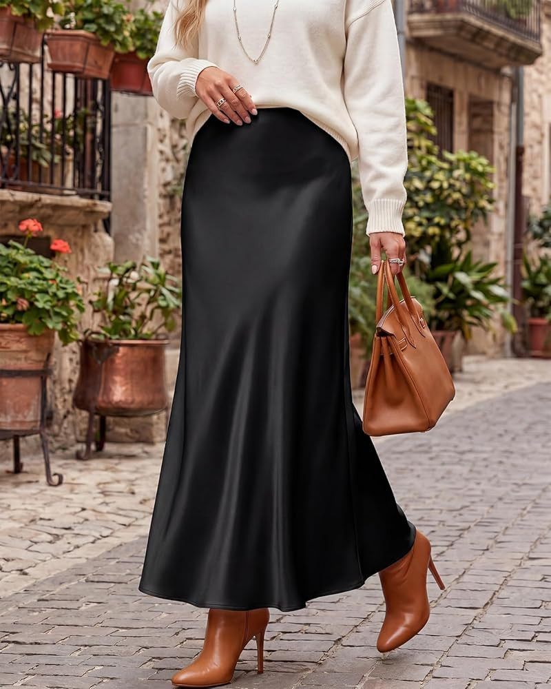 Amazon.com: Outoshe Women's Satin High Waisted Maxi Skirts Hidden Elasticized Waistband A Line Lo... | Amazon (US)