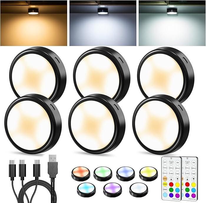 HOLKPOILOT Puck Lights with Remote,Under Cabinet Lights,2000mAh Battery Operated Closet Lights,Ma... | Amazon (US)