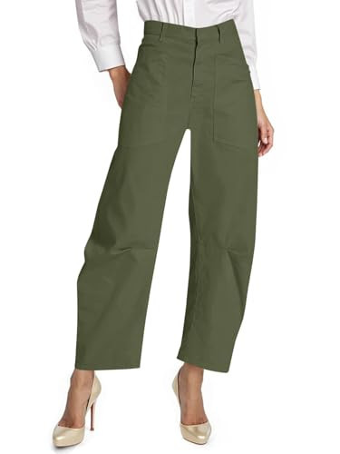 Cicy Bell Womens Baggy Barrel Horseshoe Pants Casual High Waisted Button Trousers with Front Pockets Army Green | Amazon (US)