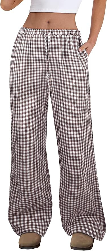 ANRABESS Women's Striped Gingham Pants 2025 Fall Pajama Lounge Boxer Pants Casual Wide Leg Drawst... | Amazon (US)