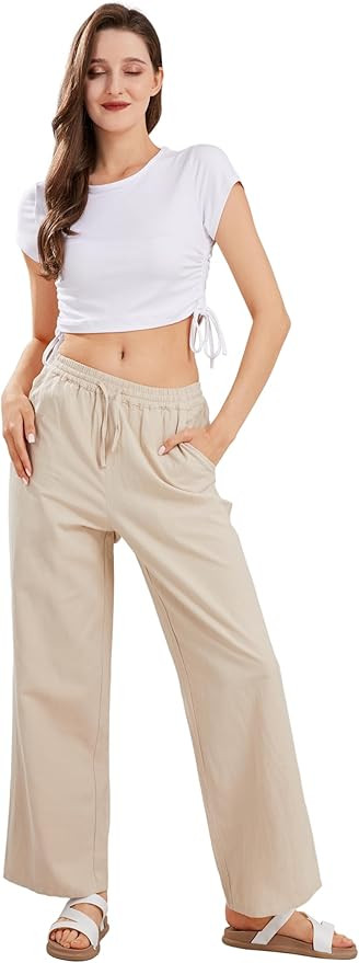 CHARTOU Women's Summer Drawstring Waist Wide Leg Loose Cotton Linen Palazzo Pants | Amazon (US)