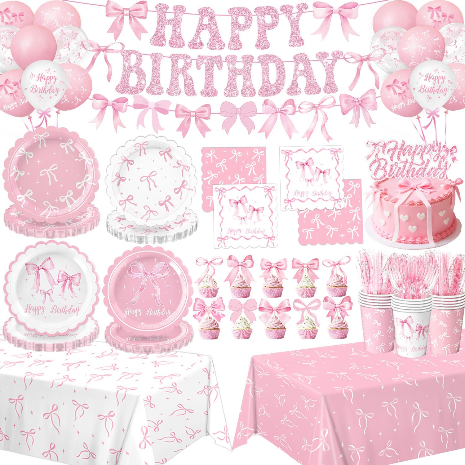 Pink Bow Birthday Decorations Include Plates, Napkins, Cups, Cutlery, Banner, Hanging Swirls, Cak... | Amazon (US)