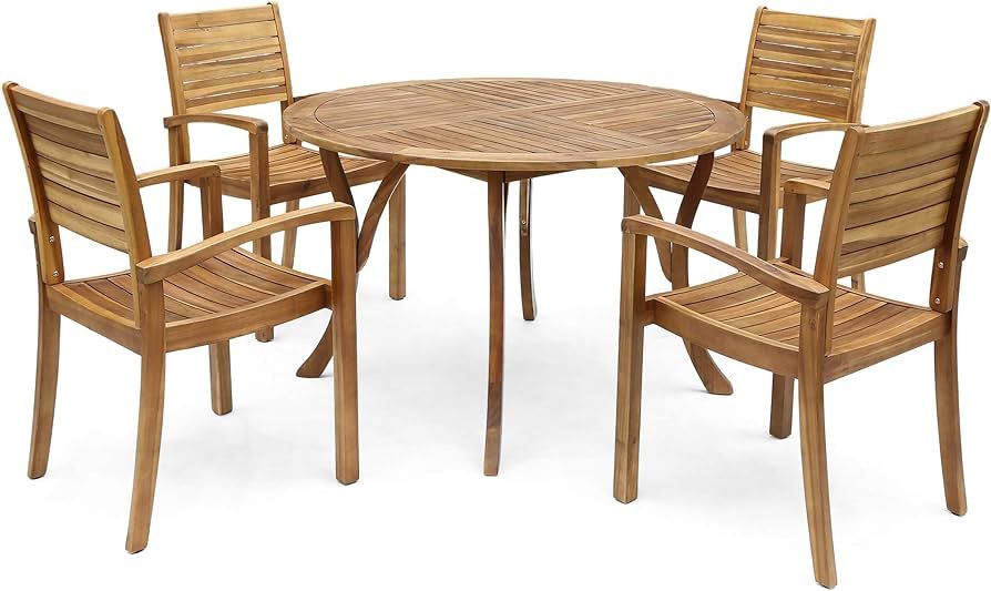 Christopher Knight Home Payne Outdoor 4-Seater Round Acacia Wood Dining Set, Teak Finish | Amazon (US)