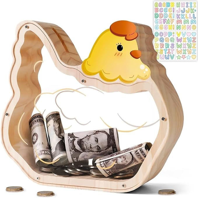 Wooden Chicken Piggy Bank for Kids, Unbreakable Easter Pullet Coin Chicken Bank for Kids with Sti... | Amazon (US)