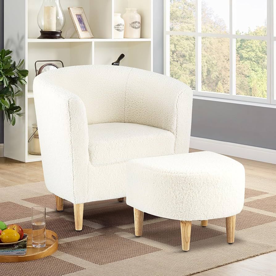 Accent Chair, Sherpa Chair White Fluffy Chair Teddy Barrel Chair with Ottoman Comfy ArmChair Foot... | Amazon (US)