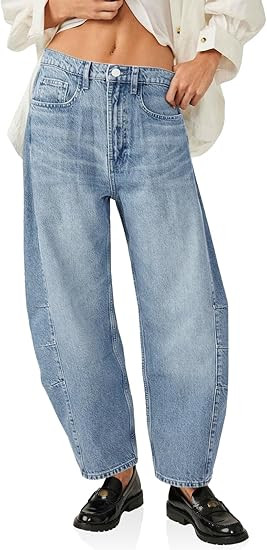 PLNOTME Womens Baggy Barrel Jeans Cropped Loose Boyfriend Wide Leg Mid Rise Ankle Denim Pants wit... | Amazon (US)