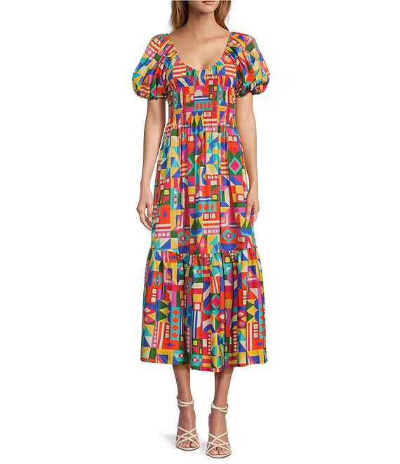 Arabella Short Puffed Sleeve Scoop Neck A-Line Midi Dress | Dillard's