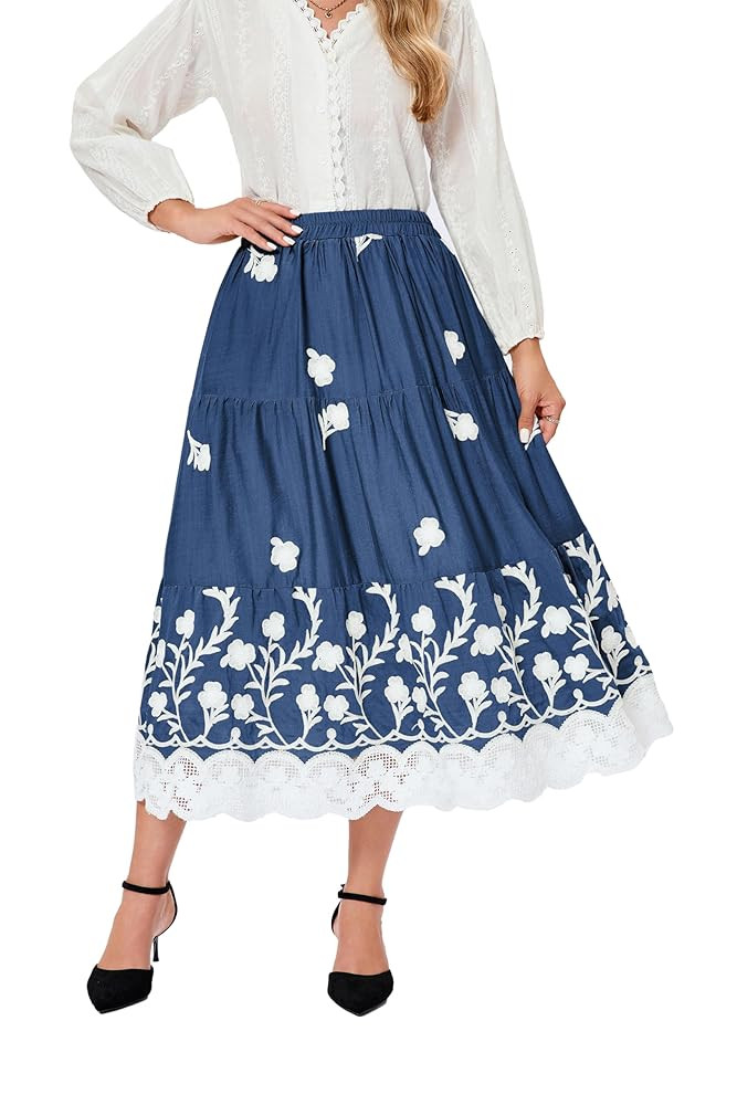 Women's High Waist A-Line Vintage Embroideried Lace Midi Skirt 2025 Vacation Casual Beach Boho Su... | Amazon (US)