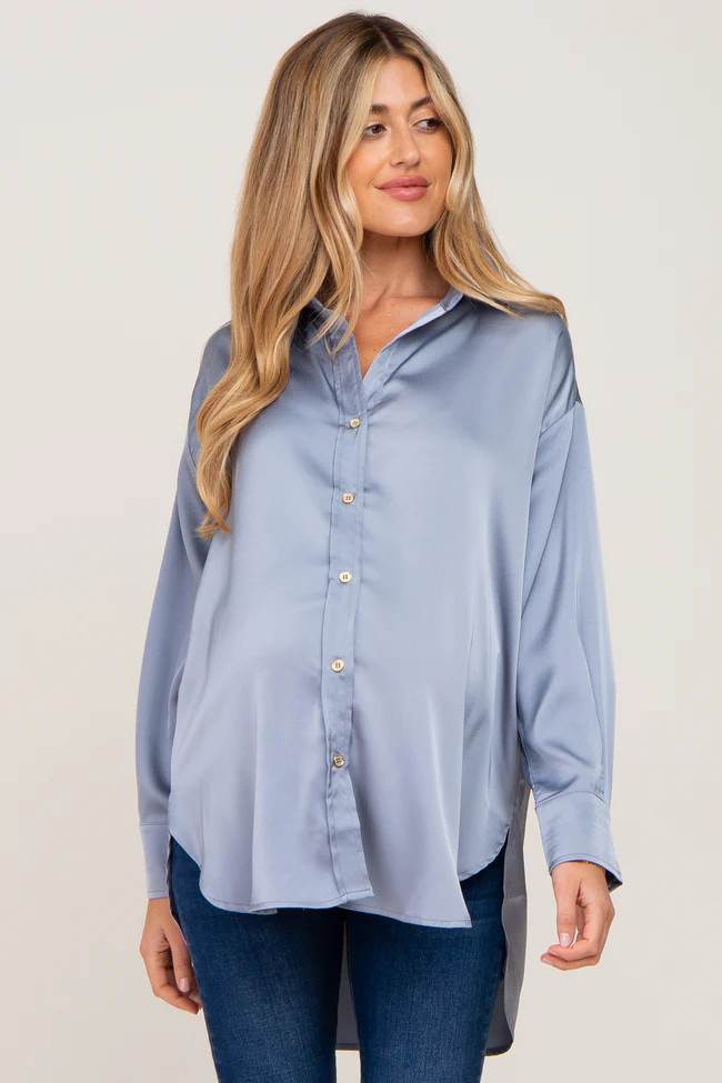 Blue Satin Button Up Maternity Blouse | PinkBlush Maternity