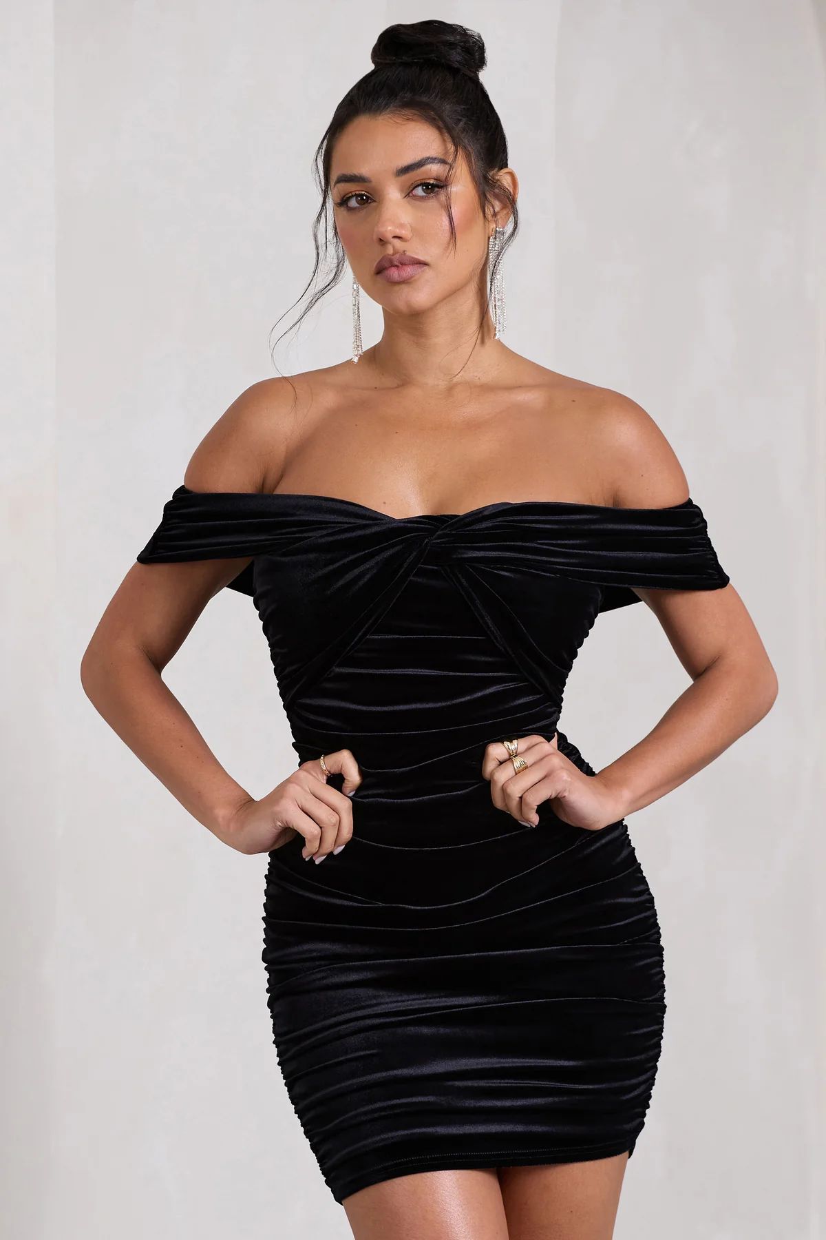 Appreciate | Black Velvet Twisted Bardot Ruched Mini Dress | Club L London