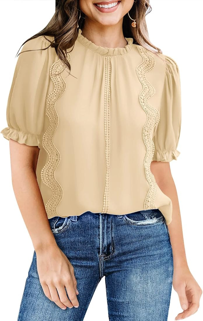 DOROSE Womens Summer Tops Lace Casual Short Sleeve Shirts Puff Ruffle Mock Neck Blouses | Amazon (US)