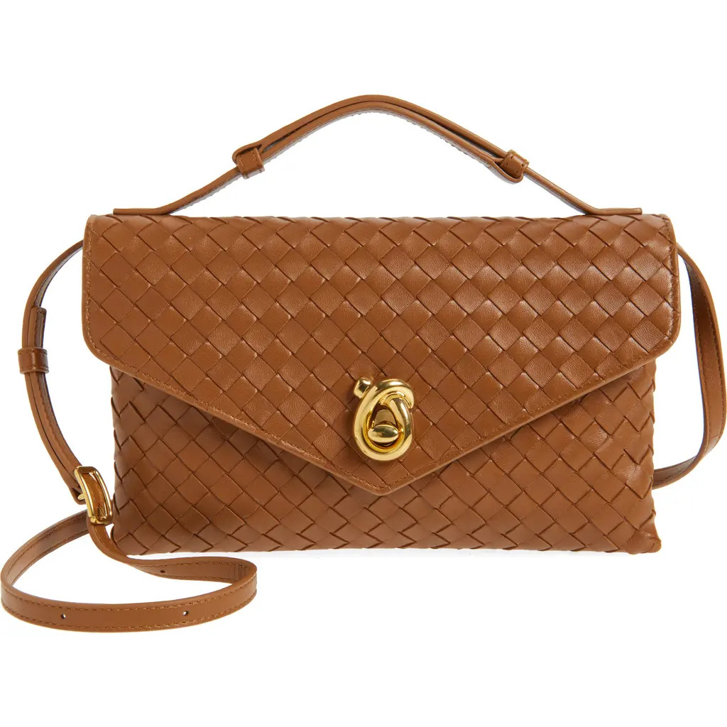 Bottega Veneta Knot Lock Intrecciato Leather Shoulder Bag in 2599 Amber-M Brass at Nordstrom | Nordstrom