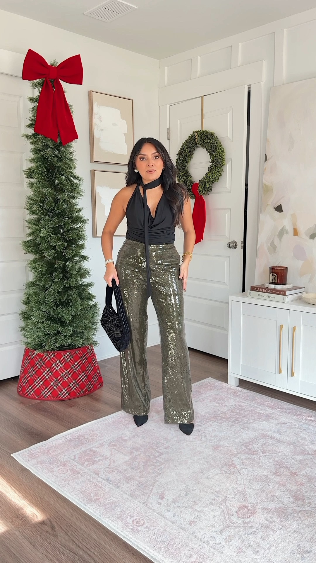 Black tie neck top size xxs TTS
Green sequin pants size xs TTS
Black heels size 5 TTS

#LTKHoliday #LTKCyberWeek #LTKGiftGuide