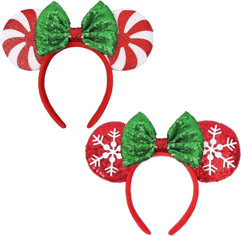 Christmas Mouse Ears Headband, 2 PCS Christmas Ears for Women Kids, Sequin Bow Headbands for Chri... | Amazon (US)