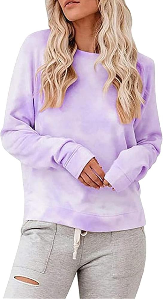 WIWIQS Women Casual Crewneck Tie Dye Sweatshirt Basic Long Sleeve Blouse Loose Pullover Tops | Amazon (US)