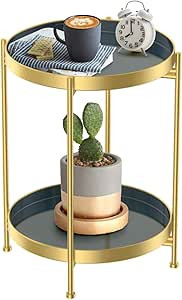 Round Side Table, Gold Metal 2 Tier Tray Metal End Table for Sofa Living Room Tea Table Small Spa... | Amazon (US)