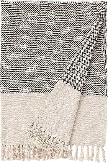 Bloomingville A14208833 Grey & Cream Cotton Knit Throw with Fringe | Amazon (US)