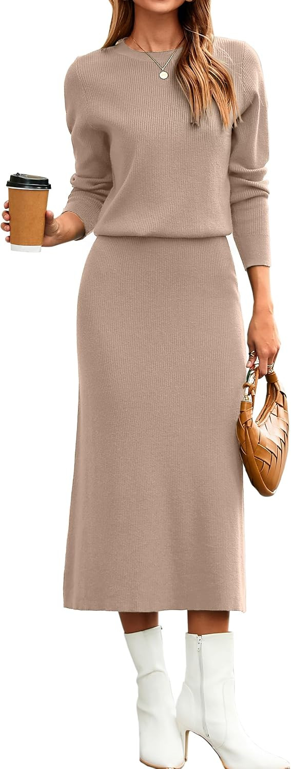 Glamaker Womens 2 Piece Skirt Sets Fall Long Sleeve Sweater Dress Casual Knit Midi Dress Travel Outfits Winter Clothes | Amazon (US)