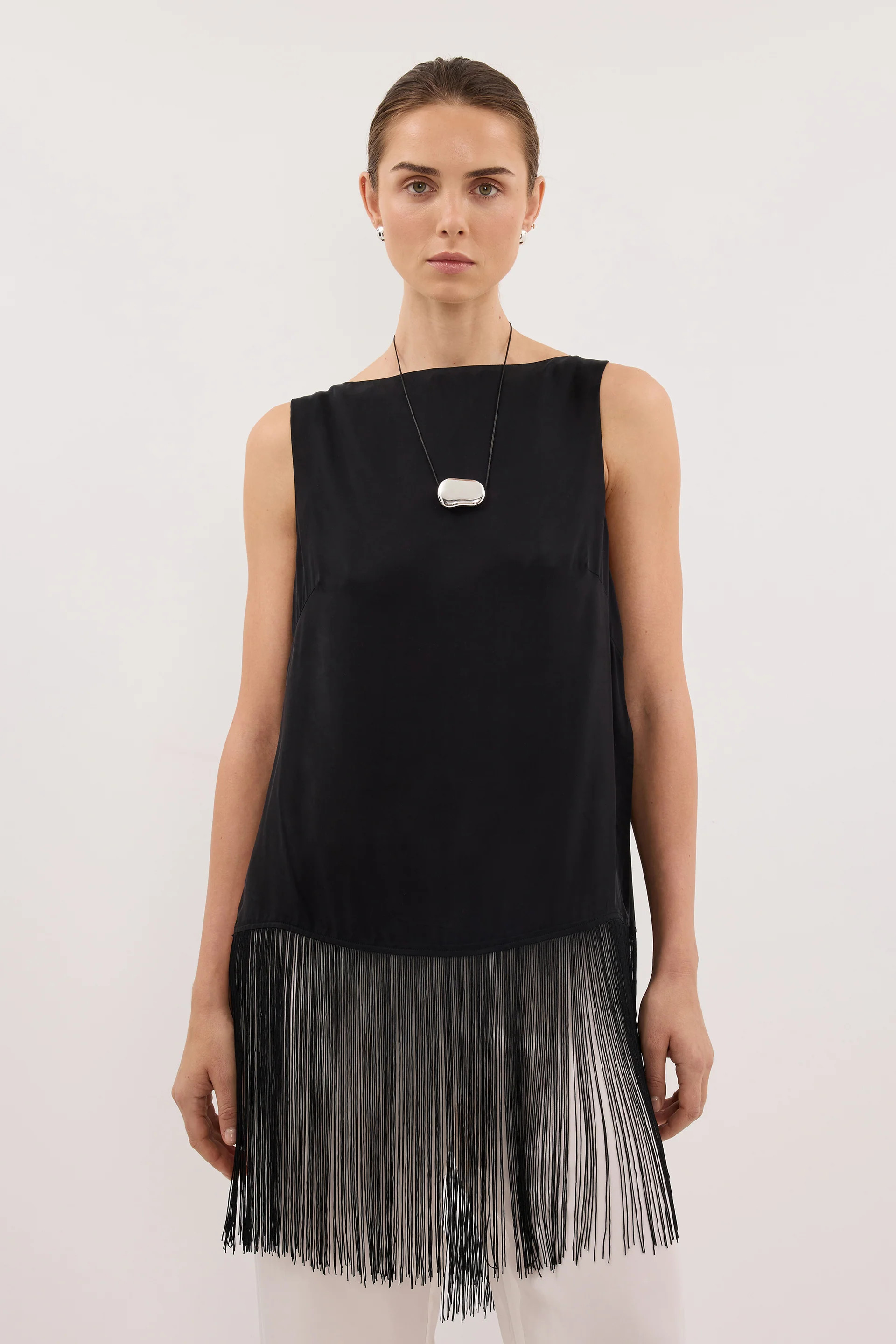 FIORA BLACK CUPRO FRINGE TOP | DISSH