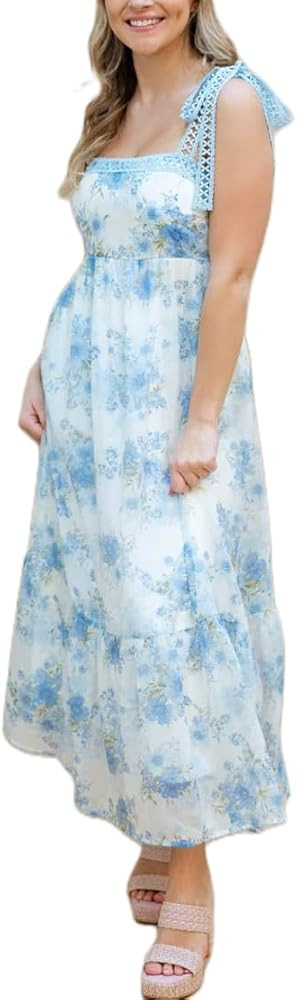 Women Y2k Floral Smocked Maxi Dress Bow Tie Shoulder Tiered Ruffle Midi Sun Dress Boho Casual Bea... | Amazon (US)