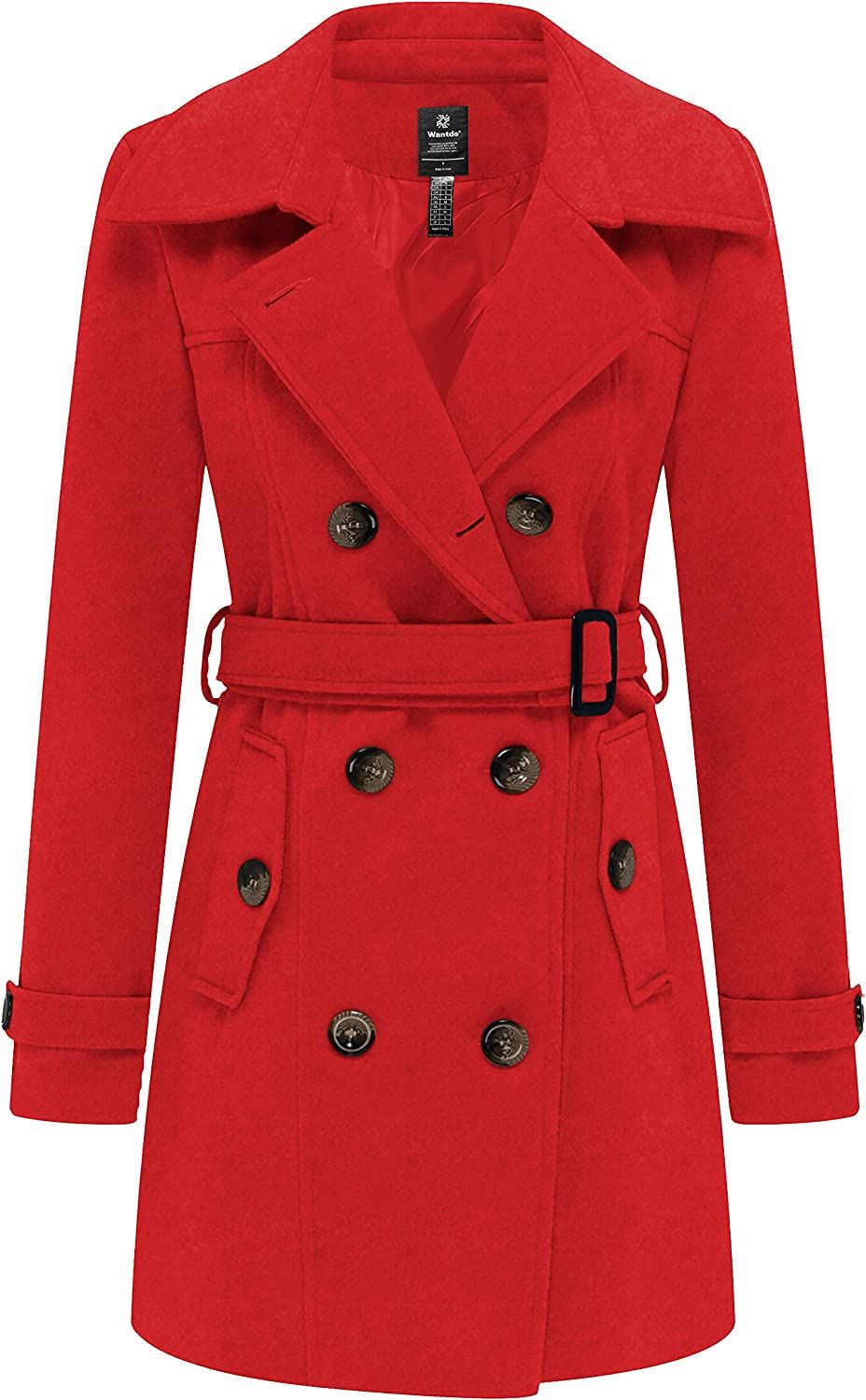 Wantdo Women's Double Breasted Pea Coat Winter Mid-Long Trench Coat with Belt | Amazon (US)