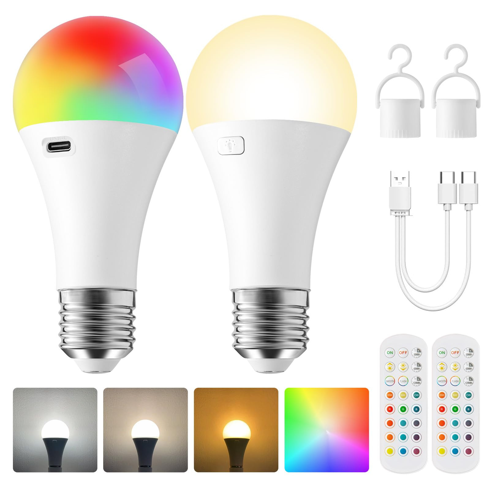 2Pack E26 Rechargeable Light Bulbs with Remote, A19 40W Equivalent Bulb, Soft Warm White 2700K, 4... | Amazon (US)
