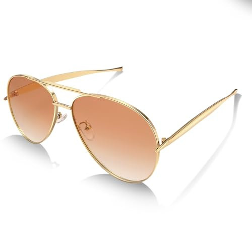 Dollger Oversized Aviator Sunglasses Women Men Trendy Gold Designer Retro 70s Shades Metal Frame UV Protection Brown | Amazon (US)