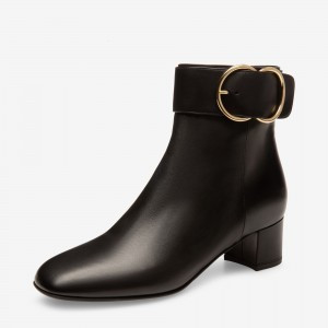 Black Vegan Leather Chunky Heel Boots Buckle Ankle Booties | FSJshoes
