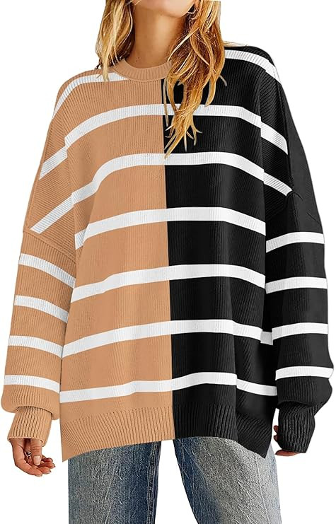 Sweaters for Women 2023 Fashion Striped Oversized Side Slit Color Block Casual Loose... | Amazon (US)