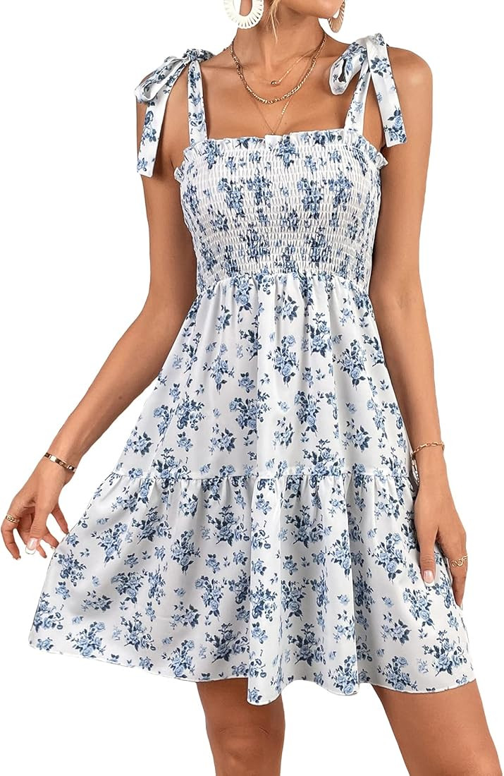 MakeMeChic Women's Floral Print Tie Shoulder Sleeveless Ruffle A Line Swing Summer Short Dress | Amazon (US)
