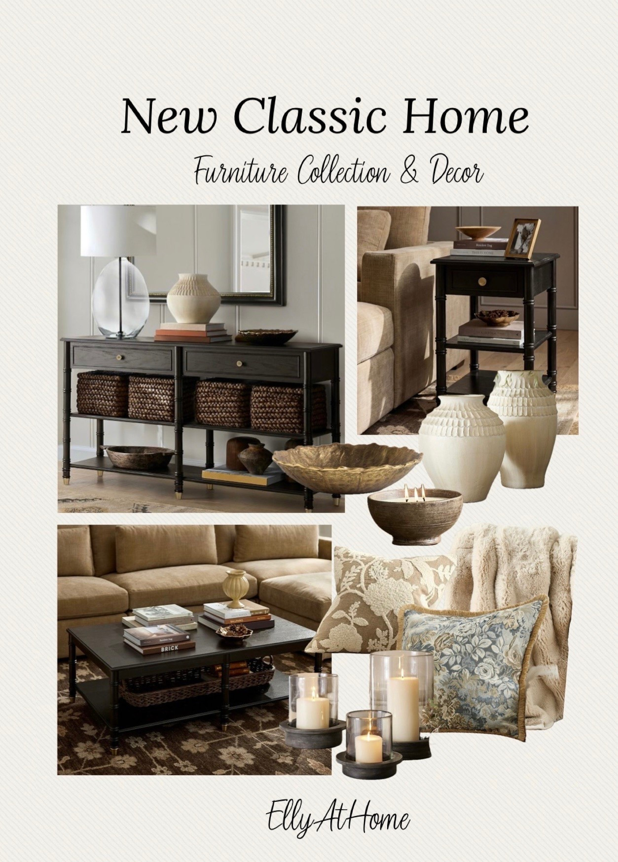 Beautiful classic home furniture in warm wood tones and cozy fall decor, pillows, area rug, throw blankets, candles and more for a fall home. @Pottery Barn