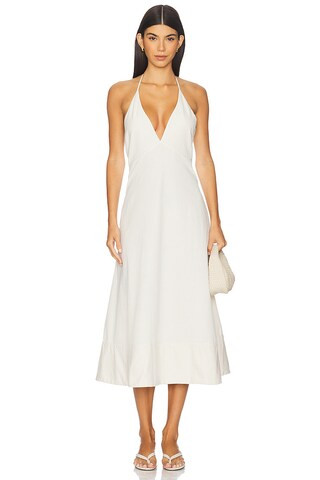L'Academie by Marianna Emi Midi Dress in Khaki Stripe from Revolve.com | Revolve Clothing (Global)
