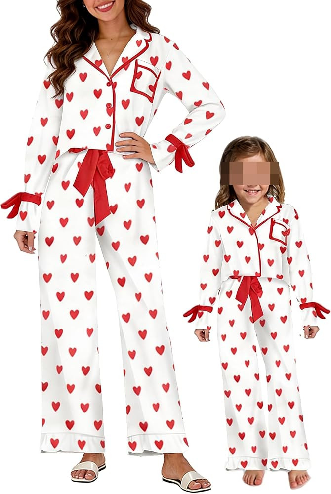 Yiulangde Mommy and Me Matching Valentine Pajamas Heart Print Satin PJs with Bow Tie Top Ruffle P... | Amazon (US)