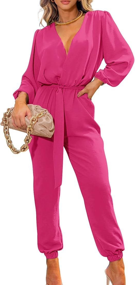 BTFBM Womens Fall Long Sleeve Jumpsuits Dressy Casual One Piece Outfits V Neck High Waist Belt Po... | Amazon (US)