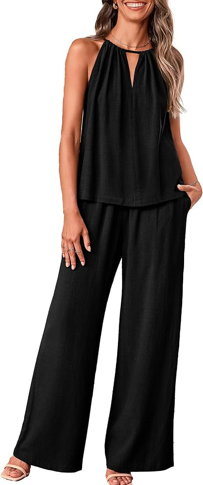 BTFBM Women's Casual Summer Two Piece Outfits Cotton Linen Sets Cutout Halter Sleeveless Top Wide... | Amazon (US)