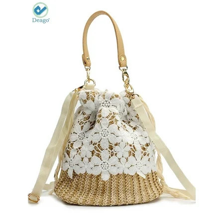 Deago Straw Handbags Women's Summer Beach Straw Bucket Tote Bag Straw Woven Handbag Lace Crossbody Shoulder Bag Purse (Flower Pattern) | Walmart (US)
