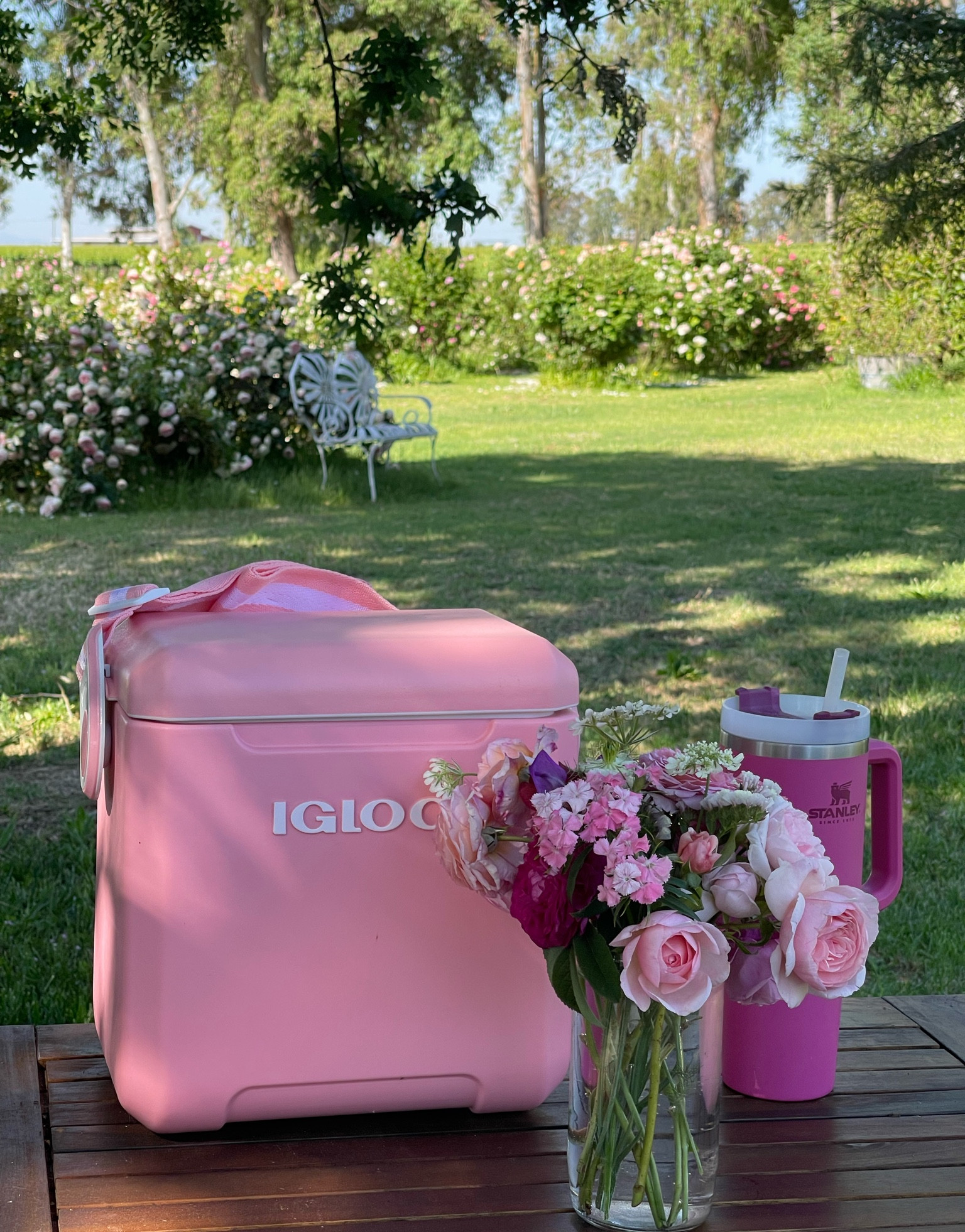 Summer outdoor essentials. Pink Igloo cooler. Stanley cup. Beautiful roses. Best Amazon outdoor dining table under $250! Wood outdoor dining table under $250. Affordable farmhouse outdoor dining table. Amazon finds. Amazon home. Amazon outdoor furniture. Amazon patio. Amazon outdoor essentials. 💗🌸 

#LTKFind #LTKhome