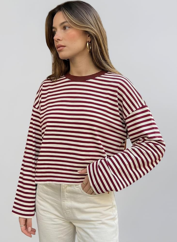Felcia Klassisches gestreiftes Damen-T-Shirt, lang\u00e4rmelig, Rundhalsausschnitt, locker, l\u00... | Amazon (DE)