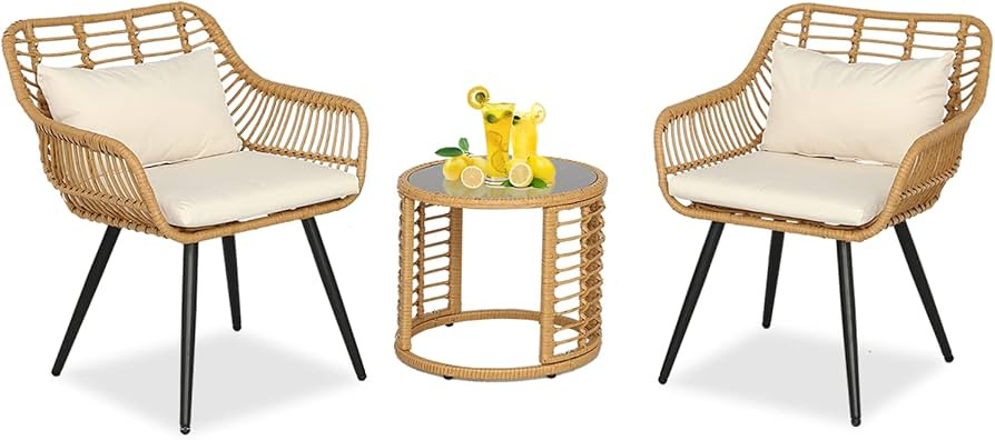 BPTD 3 Pieces Outdoor Patio Chairs Bistro Set Outdoor Furniture Rattan Chair Conversation Sets wi... | Amazon (US)