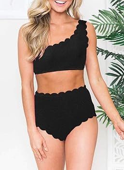 Aleumdr Womens Vintage High Waisted Two Pieces Scalloped Trim One Shoulder Bikini Bathing Suit | Amazon (US)