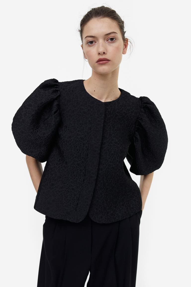 Jacquard-weave puff-sleeved blouse | H&M (UK, MY, IN, SG, PH, TW, HK)