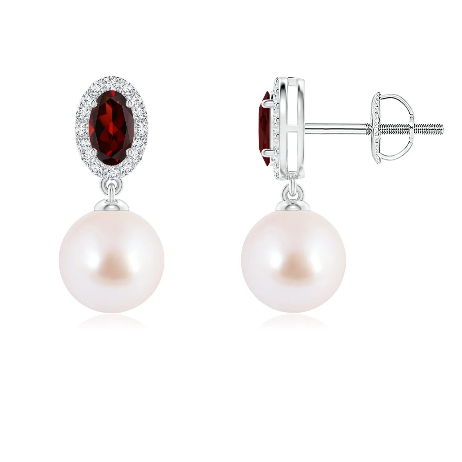 Japanese Akoya Pearl Halo Earrings with Oval Garnet | Angara Inc.