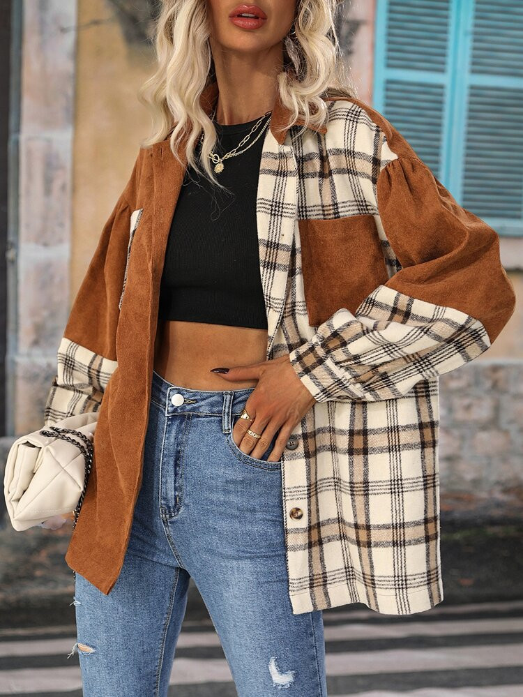 Plaid Patched Pocket Drop Shoulder Corduroy Coat | SHEIN