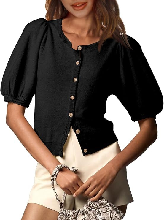 Saodimallsu Womens Puff Short Sleeve Cardigan Lightweight Summer Button Down Shirts Knit Crew Nec... | Amazon (US)
