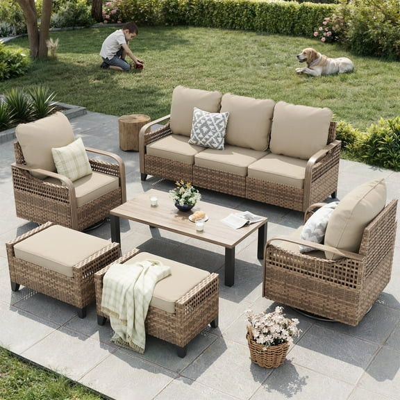 ELPOSUN 7-Seat Outdoor Patio Furniture Set - Modular Wicker Sectional Sofa with Swivel Chairs & T... | Walmart (US)