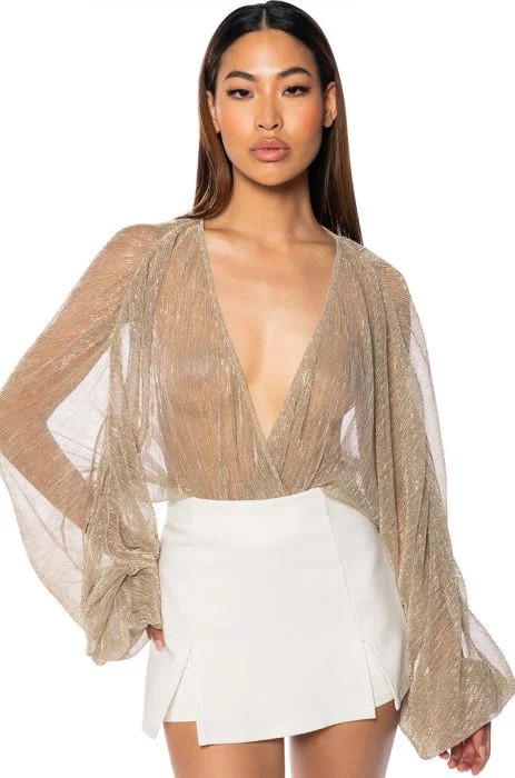 SLOW MOTION LONG SLEEVE WRAP FRONT BODYSUIT IN CHAMPAGNE | AKIRA