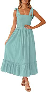 ZESICA Women's 2023 Summer Boho Spaghetti Strap Square Neck Solid Color Ruffle A Line Beach Long ... | Amazon (US)