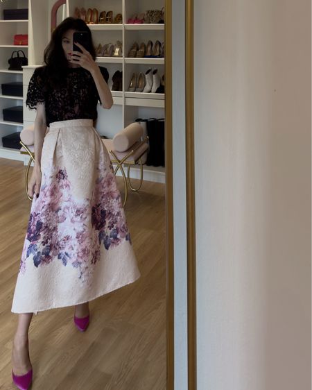 Fancy #formalwear for lunch party in spring? Here is one! I am wearing  a black lace short sleeve top with full skirt and satin pumps. This outfit is perfect for formal daytime gatherings such as birthday party, Sunday brunch, christening, wedding brunch, garden party #birthdaypartyoutfit #sundaybrunchoutfit #oldmoneyaesthetic #oldmoneyoutfits #classy

#LTKSeasonal #LTKParties #LTKFindsUnder100